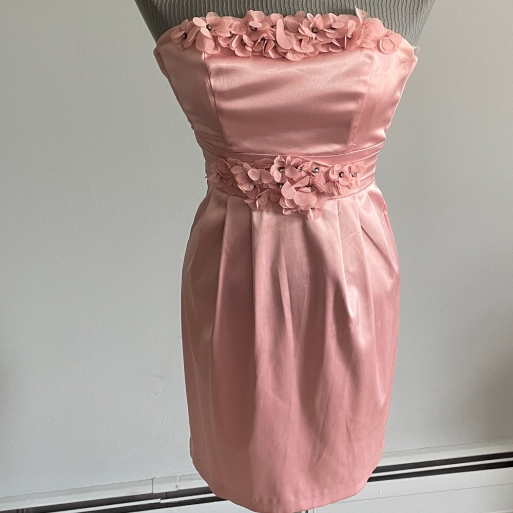 B Darlin Blush Strapless Dress with Floral Details